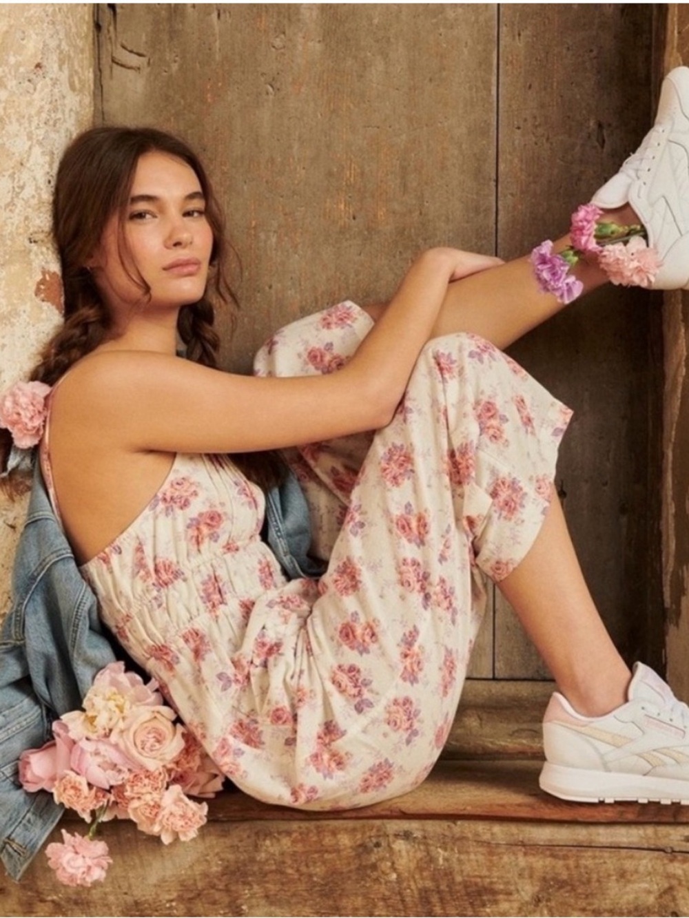 Laura Ashley x Lucky Brand Cream Floral Wide-Leg Capris Jumpsuit Size L